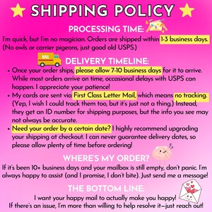 Może przedstawiać: Jasnor&oacute;żowa infografika z napisem SHIPPING POLICY i ż&oacute;łtymi gwiazdkami. Zawiera informacje o czasie realizacji zam&oacute;wienia 1-3 dni robocze, czasie dostawy 7-10 dni roboczych przez USPS oraz instrukcje dotyczące śledzenia i obsługi klienta.