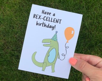 Dinosaur Pun Birthday Card, Rex-cellent T-Rex, Kids Birthday