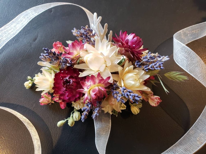 white Dried flower wrist corsage in tones of pink real dried flower wrist corsage cream gray and purple wedding mother corsage