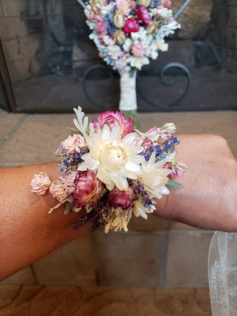 white Dried flower wrist corsage in tones of pink real dried flower wrist corsage cream gray and purple wedding mother corsage
