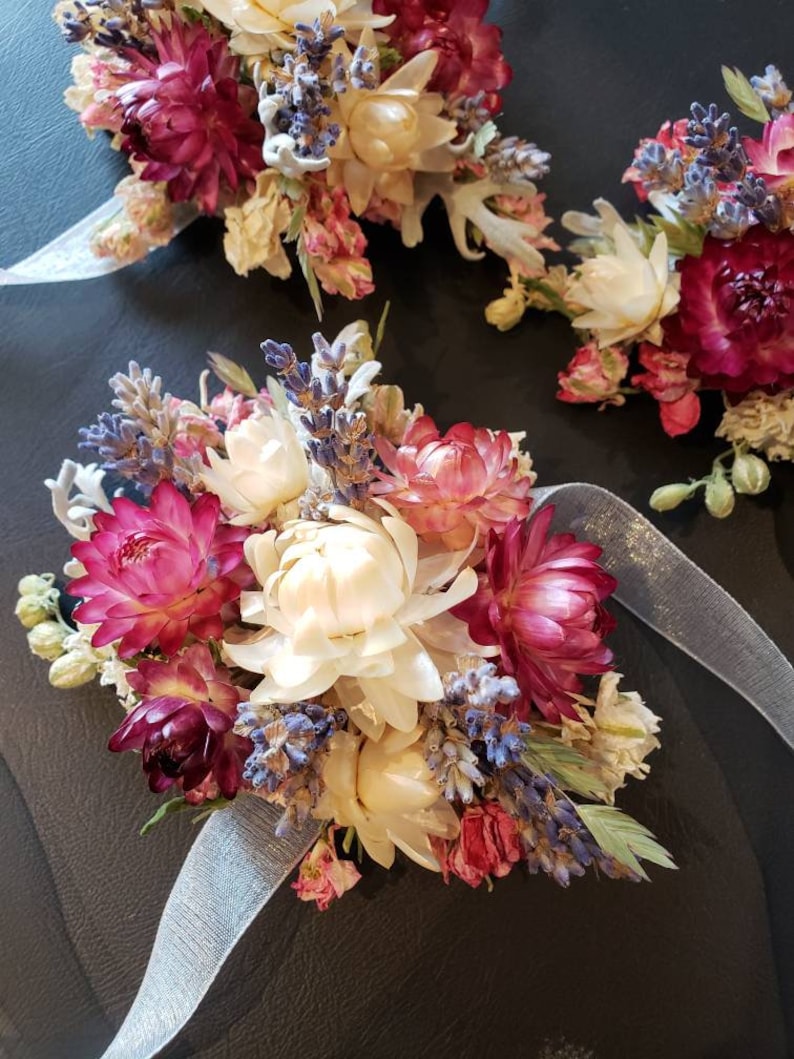 white Dried flower wrist corsage in tones of pink real dried flower wrist corsage cream gray and purple wedding mother corsage