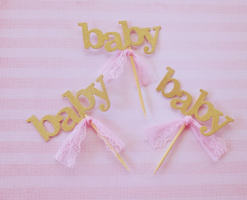 12 Baby Cupcake toppers Gold Pink glitter lace cupcake picks Etsy