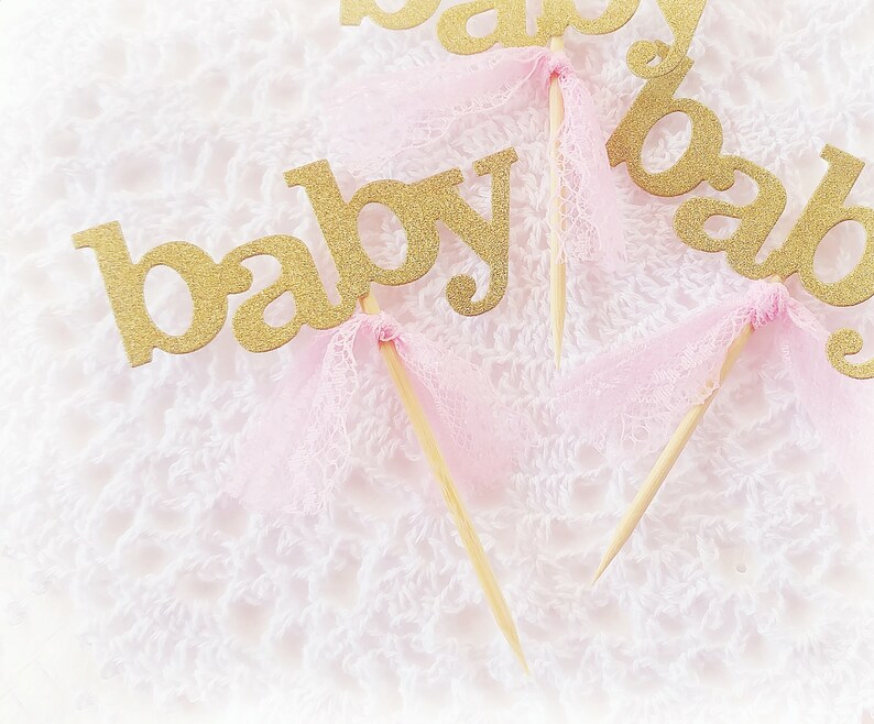 12 Baby Cupcake toppers Gold Pink glitter lace cupcake picks Etsy