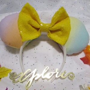 Pastel Rainbow Mouse Ears Headband: Handmade Sequin Bow Ear Hat