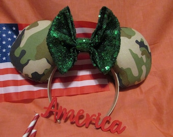 Camo Mouse Ears Headband: Military Army Style with Sequin Bow