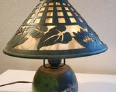 Art Deco HEINTZ Sterling-on-Bronze boudoir lamp in water lily pattern, silk-lined cut-out shade foil label, STERLING SILVER