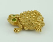Green Eye Gold Tone Frog Toad Secret Pill Jewelry Trinket Box with Movable Hinged Lid