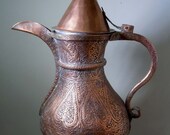 19th Century Arabic Antique Copper Dallah Coffee Pot Hand Hammered Crafted Middle Eastern 14 Inches