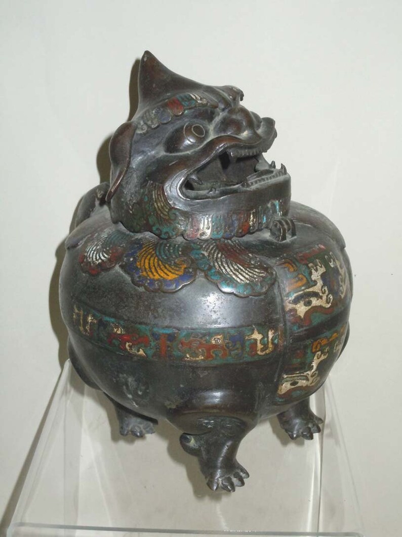 Japanese Bronze Lion Foo Dog Incense Burner Champleve Enamel Etsy