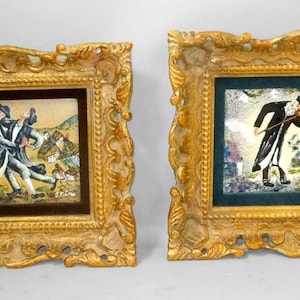 Vintage Enamel on Copper Fiddler on The Roof Gilt Framed Paintings signed Spina Judaica