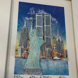 Charles Fazzino style &quot;Lady Liberty&quot; 3D Pop Up Art Statue Liberty Empire State, Chrysler Building TWC New York City NYC Skyline Skyscraper