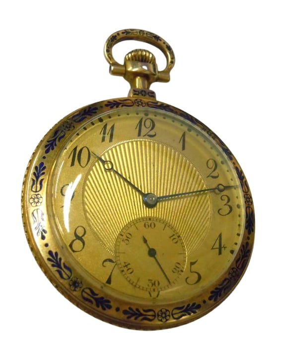 1904 Edwardian 14kt Gold Enamel Longines Pocket Watch Open Face