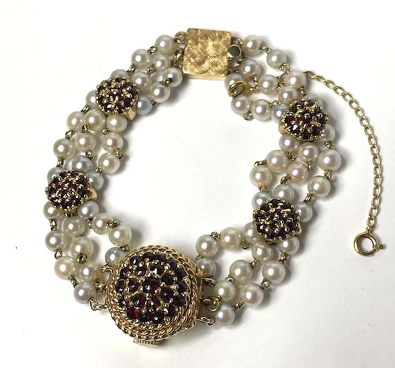 1940s Ladies Lucien Piccard 14k Gold Ruby Pearl Mystery Bracelet