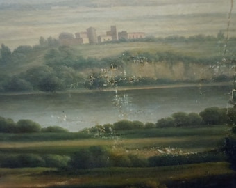 May include: A painting depicting a landscape with a river, trees, and a small village in the distance. The sky is a light blue, and the water is a dark blue. The trees are a variety of greens, and the village is a light brown.