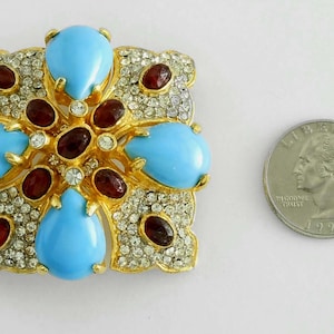 Colorful Kenneth Jay Lane KJL Rhinestone MALTESE CROSS Brooch / Pin Faux Garnet Diamond Turquoise