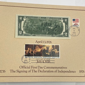 US Mint 1976 Bicentennial Two Dollar Jefferson Note with 13c Deceleration Independence First Day Stamp Philadelphia Uncut Plate Block