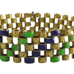 Stunning Estate 18K Yellow Gold Blue and Green Enamel BREVETTO Wide Link Statement Bracelet, 42.2 grams Made in Italy Italian 750 18ct 18Kt