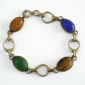 Antique 12K Gold Filled Oval Stone Scarab Bracelet Jade, Blue Chalcedony, Carnelian, Tiger Eye 12KGF