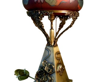 PAIRPOINT VIENNA Table LAMP Enameled Frosted and blown glass Vienna style shade domical form reverse painted water lilies c. 1910