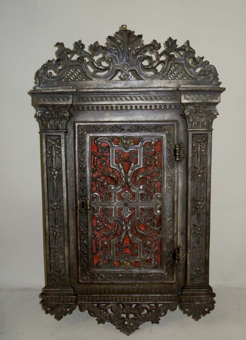 19th Century German Decorative Hanging Wall Cabinet Metal And Wood With Polychrome Accents Marked P L Vombach Offenbach A M
