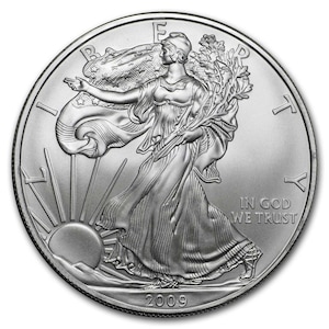 Może przedstawiać: Srebrna moneta American Eagle z wizerunkiem Lady Liberty idącej z gałązką oliwną w prawej ręce i powiewającą flagą w lewej ręce. Na monecie widnieją napisy "Liberty" i "In God We Trust". Rok "2009" jest wygrawerowany u dołu monety.