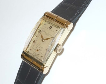 Rare 1940s Mens 14kt Gold Vacheron Constantin Tank Dress Watch Deco Era