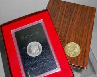 Eisenhower Silver Dollar Proof Coin With Case Brown Bark Box  1971s or 1972s  1973s or1974s Ike Wood Grain Box