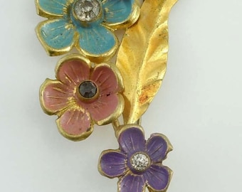 Vintage Brass Enamel Rhinestone Czechoslovakia Floral Brooch Flower Pin Czech