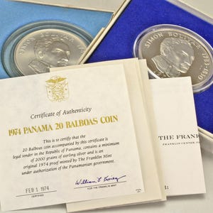 1973 and 1974 Panama Silver 20 Balboas Simon Bolivar Proof Coins W/ Box & Papers