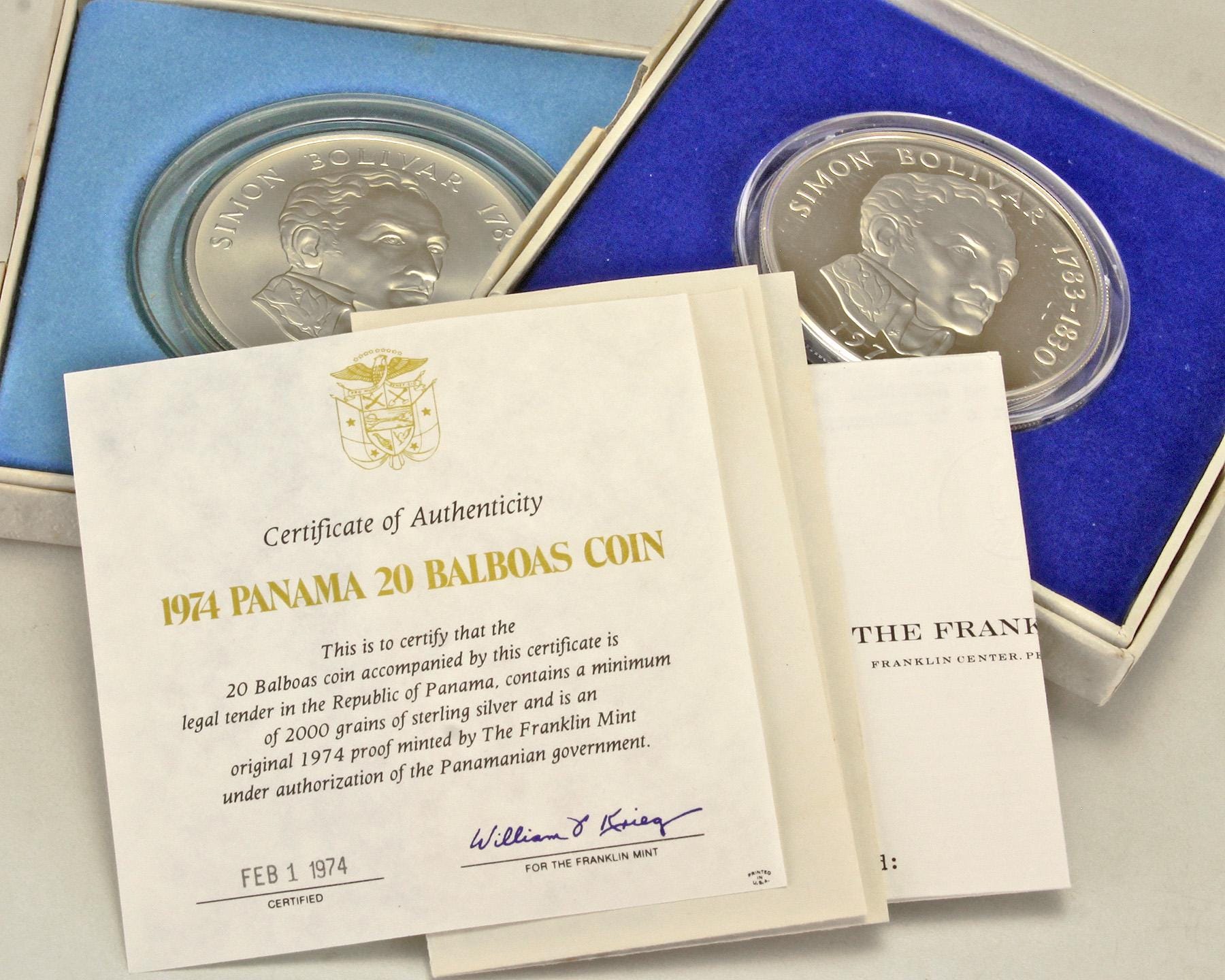 パナマ共和国　20バルボア銀貨　1973年　ケース証明書付き WH7-15 パナマ共和国 20バルボア 銀貨 Republic of Panama One