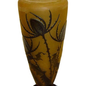 Large Authentic French Galle Cameo Art Glass Thistle Flower Vase Circa 1920
