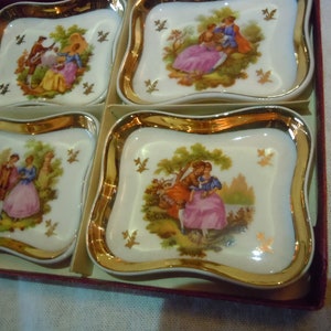 Stunning Set of Four French Limoges Porcelain Fragonard Courting Couple Decorative Ring Trays New old Stock orig Box Marked Made in France