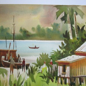 May include: Watercolor painting of a tropical scene with a wooden house on stilts, palm trees, and a boat on the water. The painting is done in shades of brown, green, and blue.