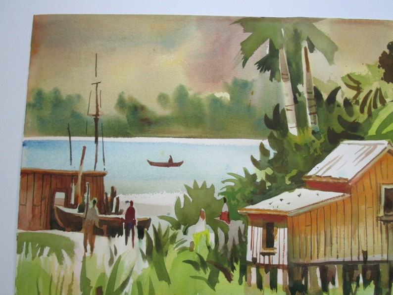 May include: Watercolor painting of a tropical scene with a wooden house on stilts, palm trees, and a boat on the water. The painting is done in shades of brown, green, and blue.