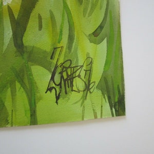 May include: A watercolor painting of green foliage with a black signature "Grise" in the bottom right corner.