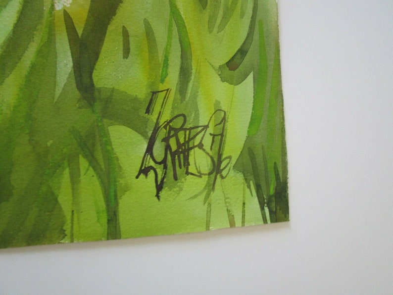 May include: A watercolor painting of green foliage with a black signature "Grise" in the bottom right corner.