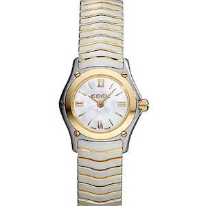 Ladies Ebel Classic Wave Petite 1656F01 18K Gold Bezel Stainless Steel MOP Roman Stick Dial Mini 22mm.  Mother of Pearl MOP