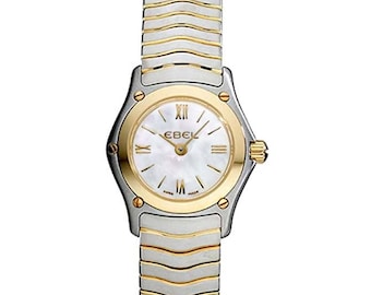 Ladies Ebel Classic Wave Petite 1656F01 18K Gold Bezel Stainless Steel MOP Roman Stick Dial Mini 22mm.  Mother of Pearl MOP