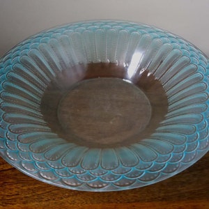 Molded Opalescent  Clear to Blue Feather Rim Lalique Style Fruit Bowl