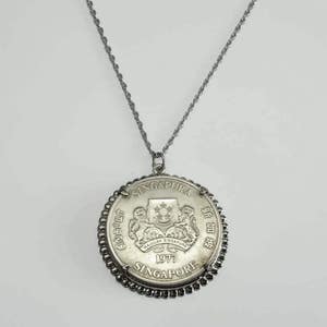 1977 Singapore Ten Dollar Silver Coin Mounted Bezel Set Charm Pendant  Boat Ship