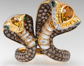 Double Headed Cobra Snake Ring 18K Gold Pave set Champagne Diamonds, Citrine, Tsavorite Garnet, Mother-of-pearl