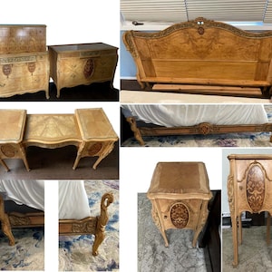 Superb Quality Carved Crotch Mahogany Bedroom Set, American Circa 1910 with Stunning Inlays and Carved Swan Legs