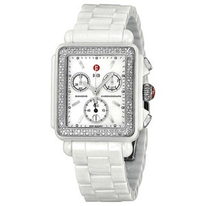 Stunning Michele Deco Diamond White Ceramic Chronograph Watch with Shimmering Mother of Pearl Dial Mop MWW06F000002