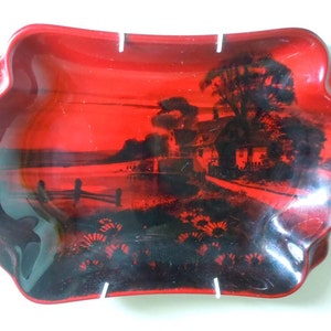 1920s Royal Doulton Flambe English Country Cottage Pastoral Landscape Plaque Pottery Porcelain Bowl Tray England