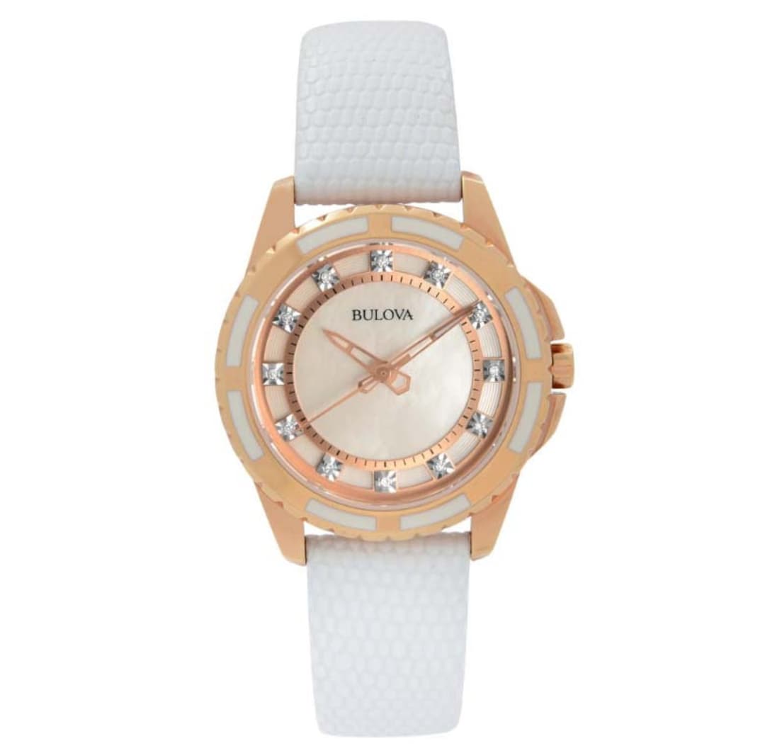 Bulova ladies 98P119 rose gold tone white leather watch NEW BATTERY Bulova 98P119 Diamond Mother-of-Pearl White Leather Rose  main image 2