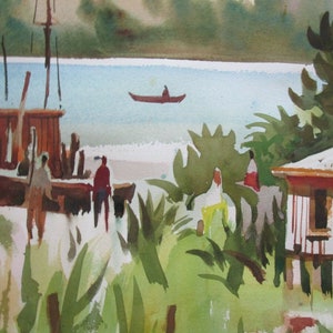 May include: A watercolor painting of a coastal scene with a wooden boat docked at a pier, a small wooden house on stilts, and people walking on a sandy beach. The water is a light blue, and the sky is a pale blue. The painting is done in a realistic style.