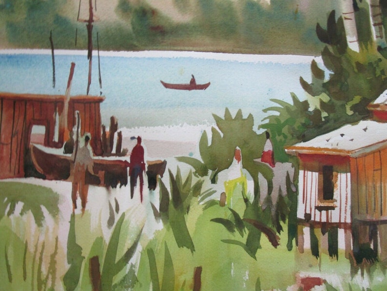 May include: A watercolor painting of a coastal scene with a wooden boat docked at a pier, a small wooden house on stilts, and people walking on a sandy beach. The water is a light blue, and the sky is a pale blue. The painting is done in a realistic style.