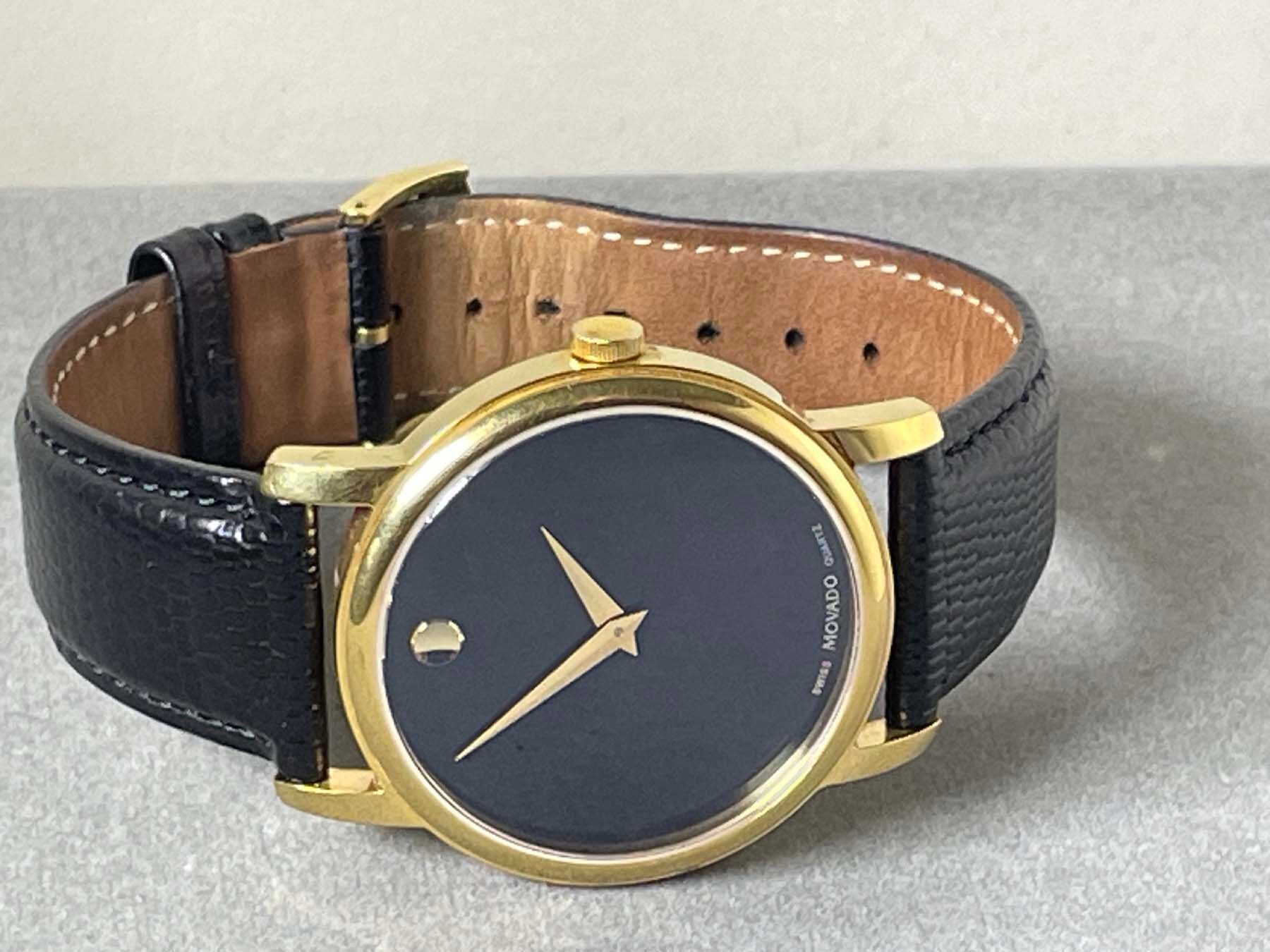 【MOVADO】ブラックレザー ゴールドケース クォーツ時計 MOVADO Black Genuine Leather Strap Stainless Steel Gold Tone