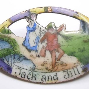 Rare Vintage Czechoslovakian Jack and Jill Hand Painted Enamel over Brass Brooch