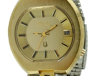 1970er Jahre zwei Ton Herren Bulova Accutron Datum Uhr Gold EP Lünette Satin und poliert Finish, just Serviced, läuft perfekt, Tuning Gabel